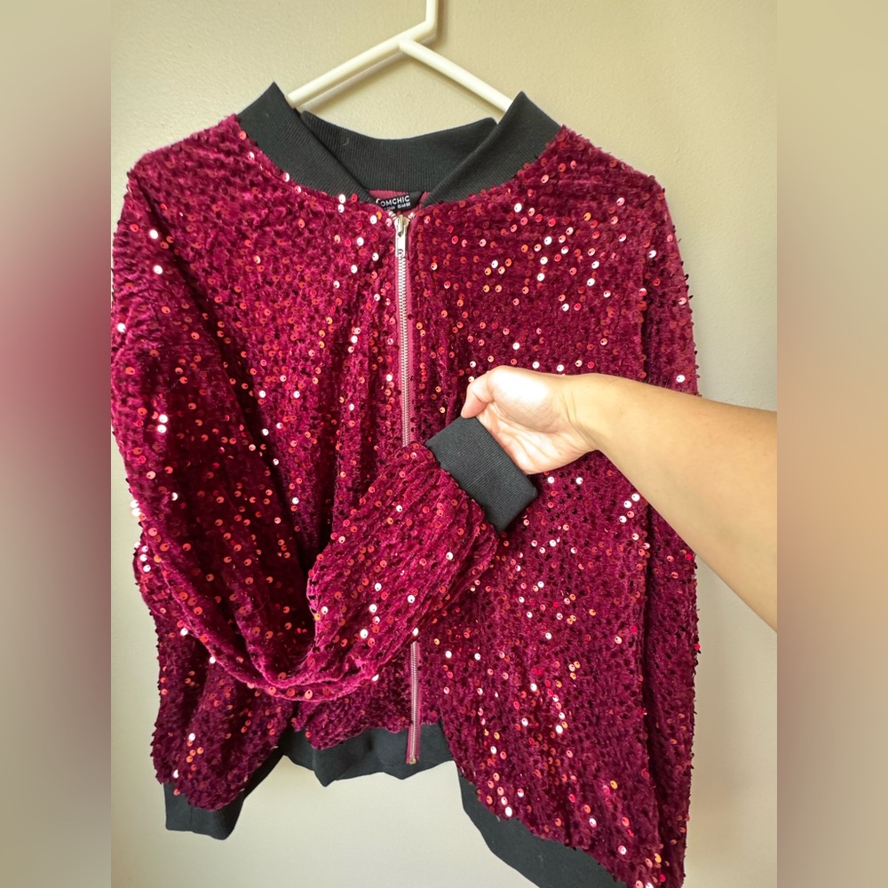 BloomChic Burgundy Sequin Bomber Jacket - Picture 5 of 8